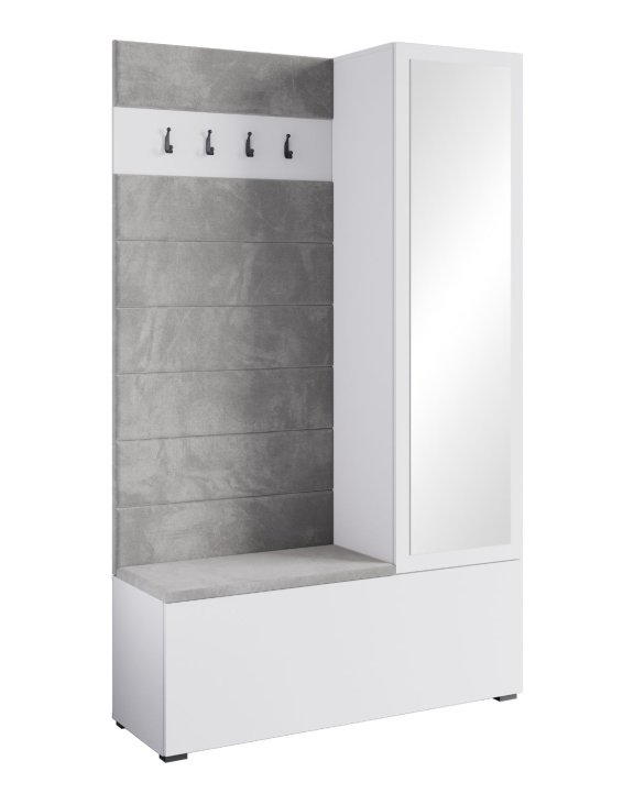 Szafa z siedziskiem do przedpokoju 115 cm garderoba Tejo II biały połysk (TEJ01320+TEJ244)